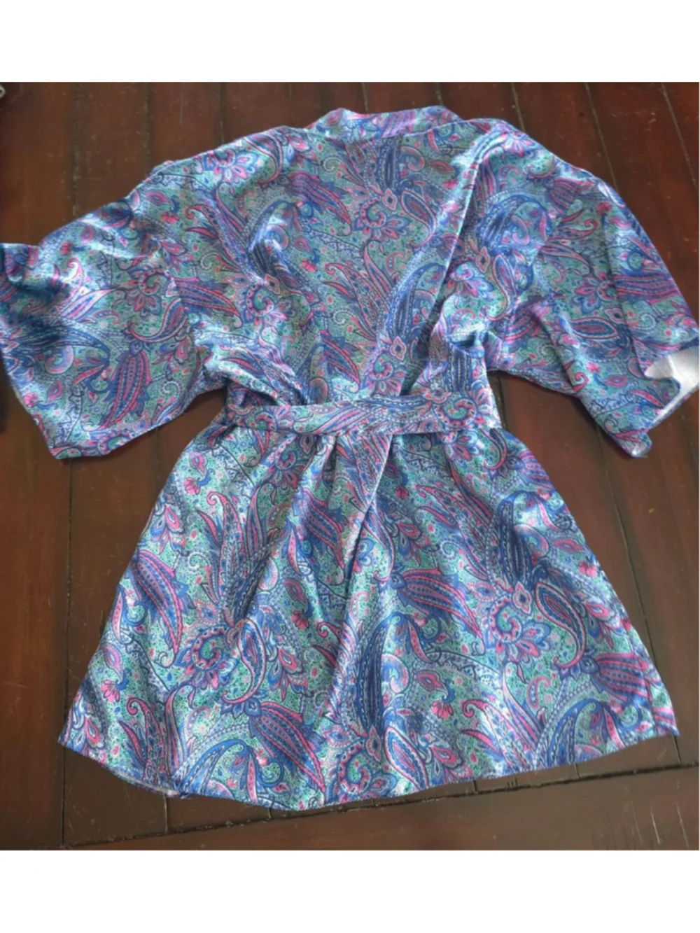 Women's Vintage Coquette VAL MODE Paisley Satin Short Robe M Blue Pink Summer